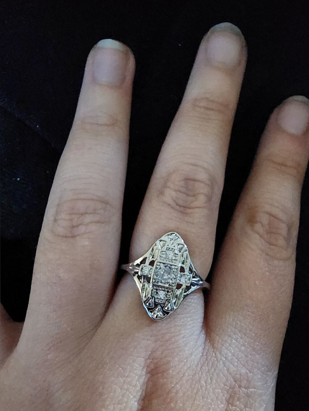 Elegant Art Deco STYLE Shield Silver Tone Ring w/ Cubic Zirconia, Size 10 - 10.5